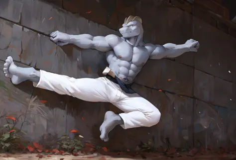 (((barefoot furry character, full body, cinematic setting, furry male, plantigrade))) 

(((machoke))) as capoeira fighter, ((pok...