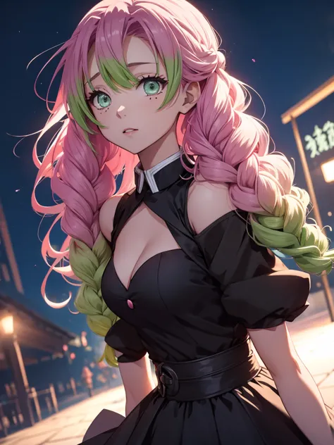 Mitsuri in demon slayer anime, 1woman, wearing a modern short black colour party frock, stylish frock, at a night party, mitsuri...