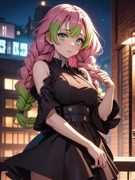 Mitsuri in demon slayer anime, 1woman, wearing a modern short black colour party frock, stylish frock, at a night party, mitsuri...