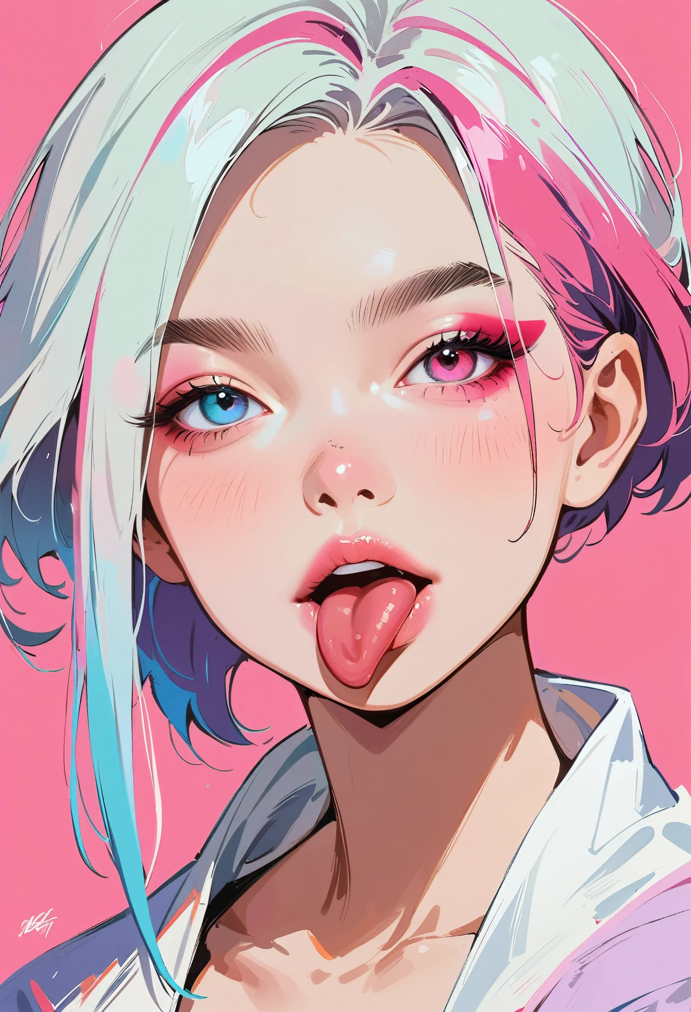 (obra de arte, melhor qualidade:1.2), 1 garota, só, estilo anime, Heterochromia, sorrindo, lábios rosados, Coloque sua lingua pra fora, Maquiagem estilo cyberpunk, Cabelo curto de diferentes cores, destaques, Franja longa metade esquerda, Meia cabeça direita, Fundo roxo e rosa.