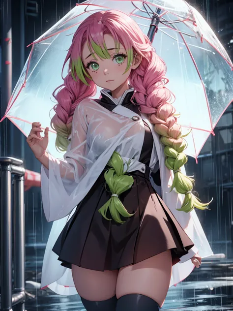 Mitsuri in demon slayer anime, 1woman, wearing a wet dress, at rain, rainy day, wet transparent outfit, mitsuri's hair style, 8k...