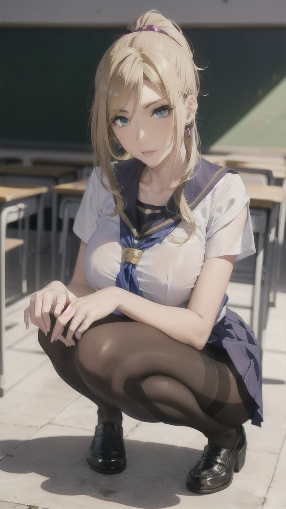 ((Correct Anatomy)),(Female student),((school uniform)),((Sailor suit)),((Lace panties)),(Mini Pleated Skirt),(((Black Pantyhose)),((squat)),((Beautiful legs)),((Big Breasts)),Ultra-high resolution,Mature Woman, Mature Woman, Very detailed,Perfect hands, Detailed fingers, Beautiful details, ((Long blonde hair)),((ponytail)),loafers,Earrings,Embarrassing,Perfect Eyes, Captivating eyes,classroom