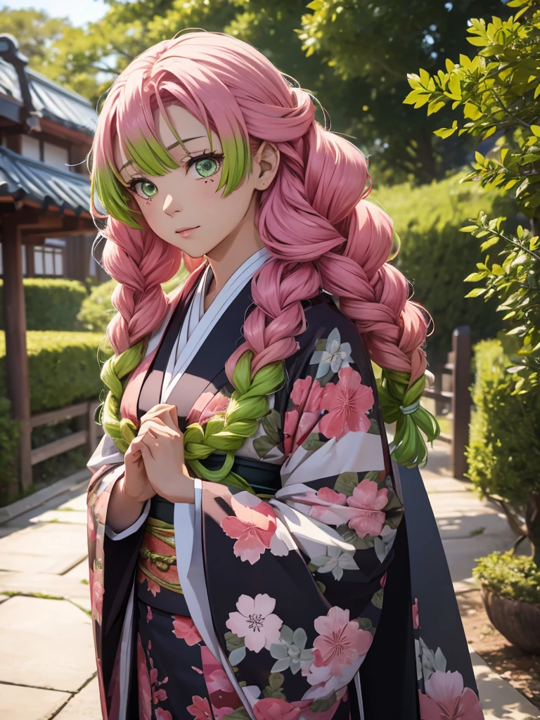 Mitsuri in demon slayer anime, 1woman, wearing a long Japanese kimono, at a japan village , mitsuri's hair style, 8k, high detailed, high quality