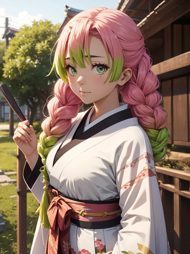 Mitsuri in demon slayer anime, 1woman, wearing a long Japanese kimono, at a japan village , mitsuri's hair style, 8k, high detailed, high quality