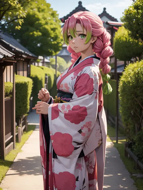 Mitsuri in demon slayer anime, 1woman, wearing a long Japanese kimono, at a japan village , mitsuri's hair style, 8k, high detai...