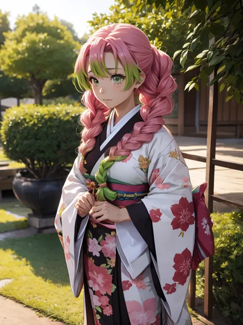 Mitsuri in demon slayer anime, 1woman, wearing a long Japanese kimono, at a japan village , mitsuri's hair style, 8k, high detai...