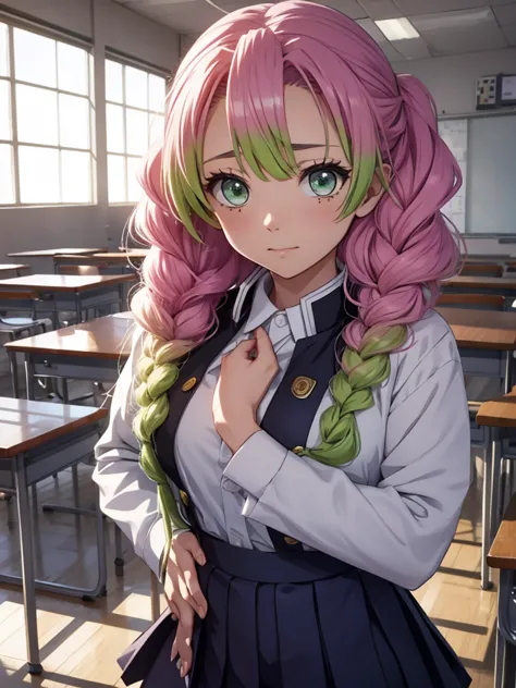 Mitsuri in demon slayer anime, 1woman, wearing a highschool uniform, white shirt and blue skirt, at a classroom , mitsuri's hair...