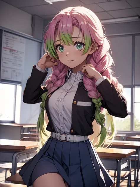 Mitsuri in demon slayer anime, 1woman, wearing a highschool uniform, white shirt and blue skirt, at a classroom , mitsuri's hair...
