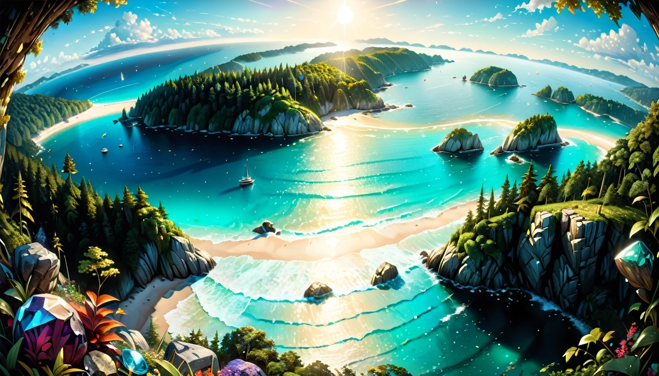 natural gemstones shine brightly, sea seen beyond the forest, (masterpiece:1.2), best quality, high quality, ultra high res, (hyper detailed), absurdres, absolutely resolution, 4K, ultra HD, insanely detailed and intricate, high resolution, HDR, detailed background,