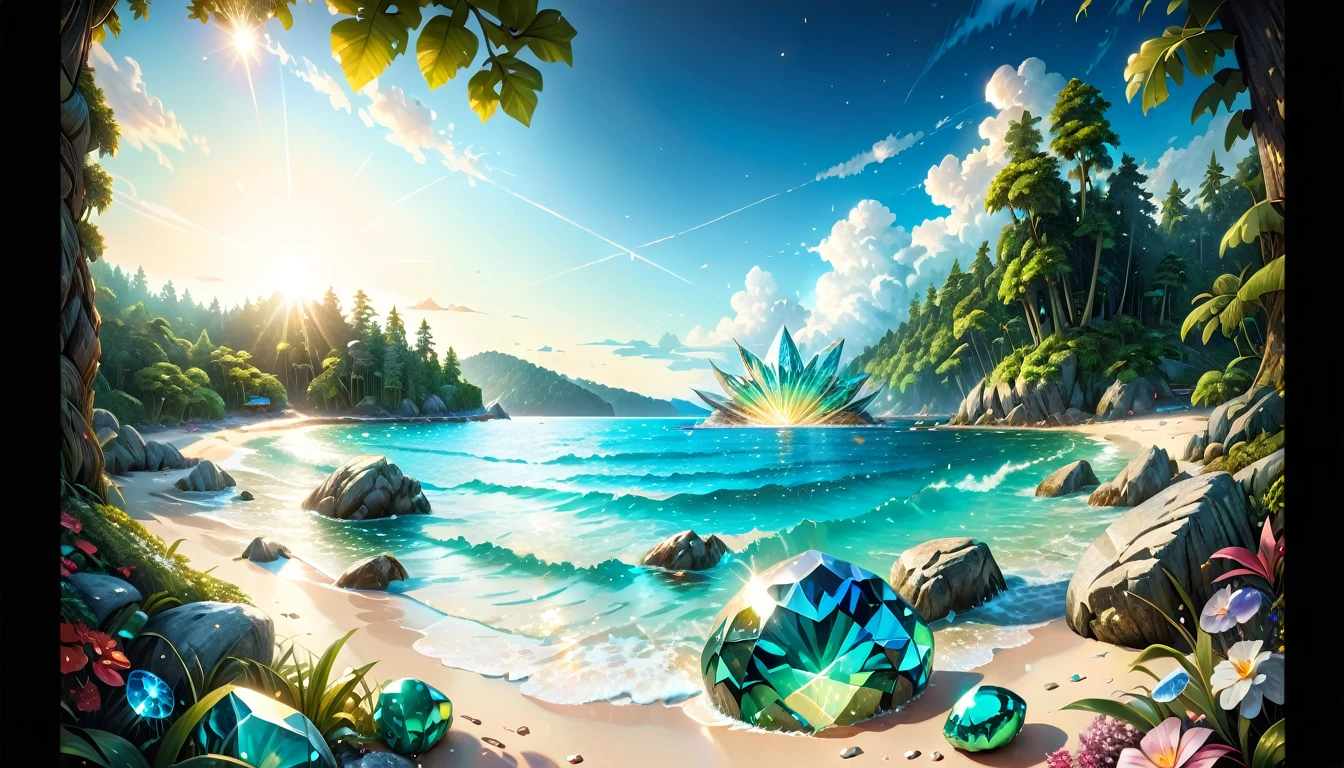 natural gemstones shine brightly, sea seen beyond the forest, (masterpiece:1.2), best quality, high quality, ultra high res, (hyper detailed), absurdres, absolutely resolution, 4K, ultra HD, insanely detailed and intricate, high resolution, HDR, detailed background,