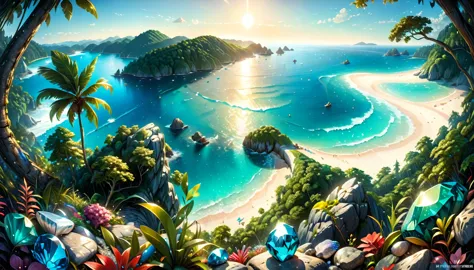 natural gemstones shine brightly, sea seen beyond the forest, (masterpiece:1.2), best quality, high quality, ultra high res, (hy...
