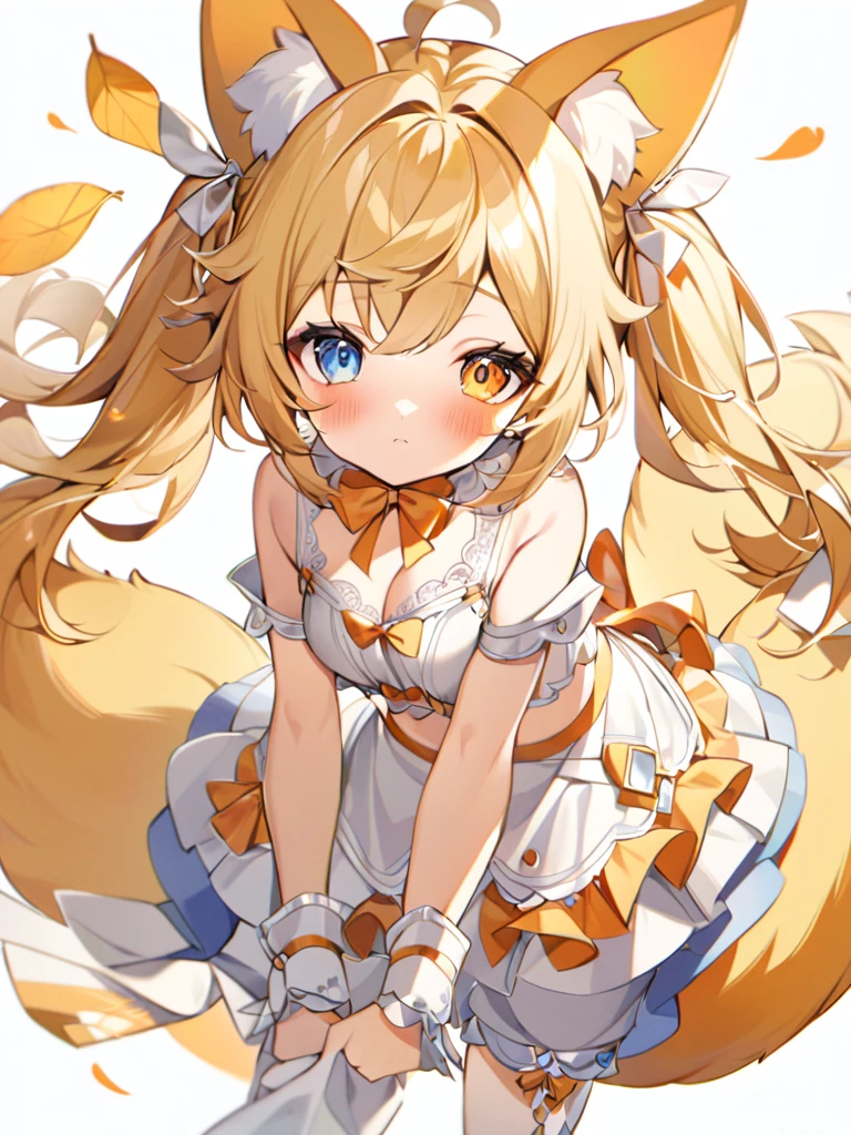 1girl, animal ears, bangs, bare shoulders, blonde hair, blush, bow, breasts, white cleavage, cropped torso, , blue eyes, hair ribbon, heterochromia,  stlooking at viewer, , orange bow, orange eyes, orange ribbon, ears like an unearthly animal, fluffy tail, light tail, real tail, ribbon, solo, stuffed animal, stuffed bunny, stuffed toy, twintails, upper body, full-length, white legbands, white shoes with lace and white bows, white background, wrist cuffs, yellow eyes, bloomers, close-up, fair skin frills, lace, midriff, skirt, solo, , white background,shorts, white top with ribbon and lace and trousers,trousers, genshin,white slippers with a bow,All clothes are white, laceAt full height, it stands,  at the face, pushing the leaves apart, the sun in the eyes