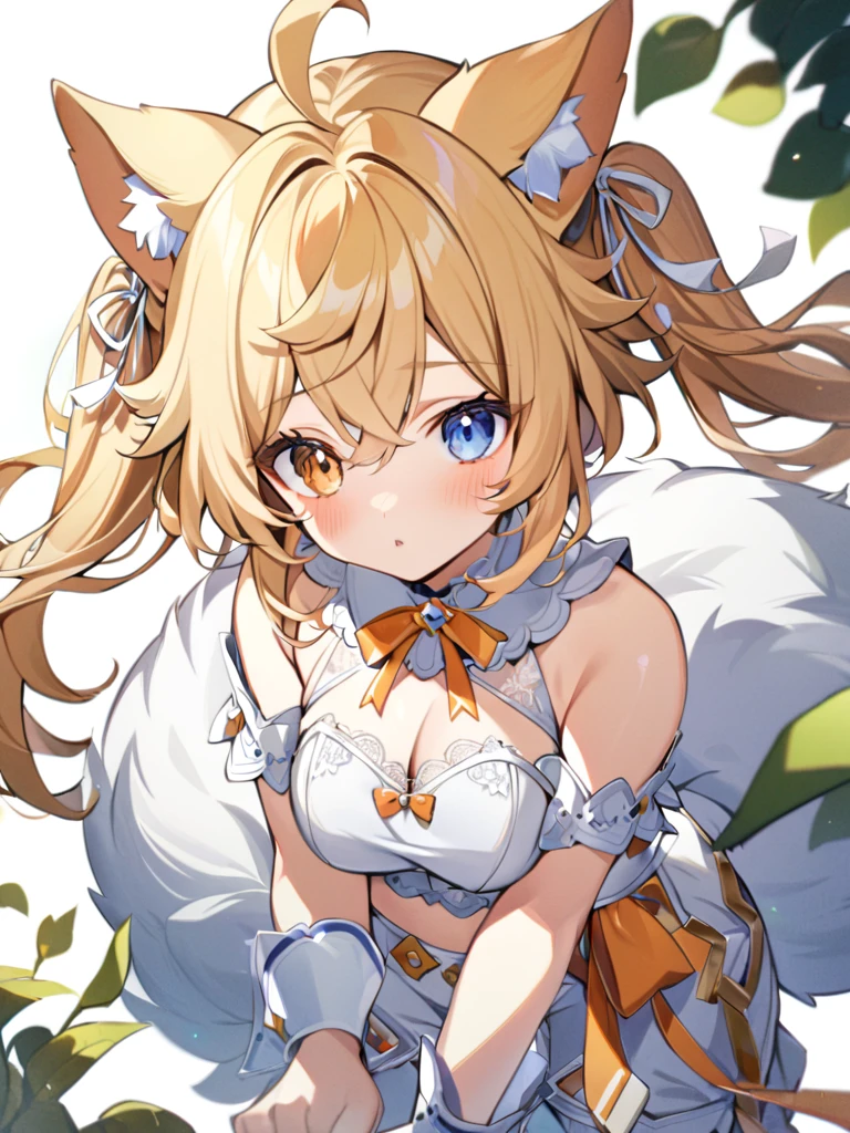 1girl, animal ears, bangs, bare shoulders, blonde hair, blush, bow, breasts, white cleavage, cropped torso, , blue eyes, hair ribbon, heterochromia,  stlooking at viewer, , orange bow, orange eyes, orange ribbon, ears like an unearthly animal, fluffy tail, light tail, real tail, ribbon, solo, stuffed animal, stuffed bunny, stuffed toy, twintails, upper body, full-length, white legbands, white shoes with lace and white bows, white background, wrist cuffs, yellow eyes, bloomers, close-up, fair skin frills, lace, midriff, skirt, solo, , white background,shorts, white top with ribbon and lace and trousers,trousers, genshin,white slippers with a bow,All clothes are white, laceAt full height, it stands,  at the face, pushing the leaves apart, the sun in the eyes