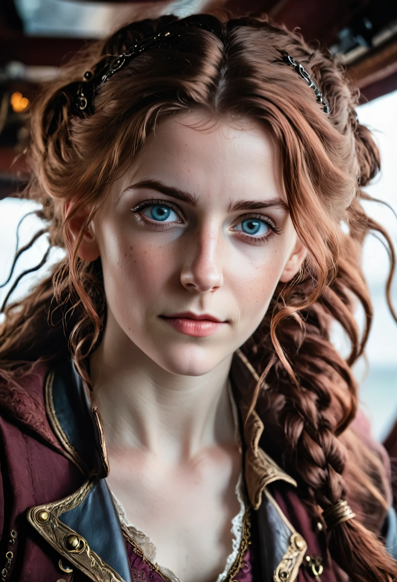 (editorial photography of Aerith Gainsborough), (highly detailed face:1.4), no close-up, (smile:0.4), (background inside dark, moody, private:1.3), steampunk pirate's airship, nikon d850, stock photography, kodak portra 400 film ,camera f1.6 lens, bokeh, analog style, rich colors, hyper realistic, lifelike texture, dramatic lighting, cinestill 800, messy hair, serious, (freckles:0.4), pale skin, cute sexy