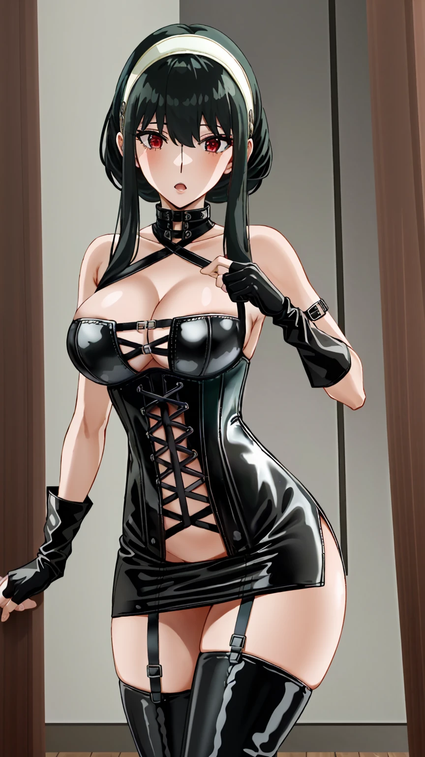 Bondage、Queen、spouse、(((One Girl)))、alone、(((Long gloves covered in black latex all the way to the fingertips:1.4 )))、(((black latex corset dress:1.4)))、(((Beautiful lace corset dress.)))、(((corset dress with shoulder straps)))、(((black latex tight miniskirt:1.4)))、(((Black thigh-high boots)))、Stiletto heels、(((Black latex panties)))、(((black latex bra)))、(((Black leather collar)))、(((Sexy pose)))、Wide-open legs、(((erotic)))、(((Cowboy Shot)))、((Highest quality)), ((Very detailed)), masterpiece, Very detailed顔, Beautiful Face, (fine grain, Deep Eyes), (One Girl), whole body, night, Black Hair, short hair, short hair with long locks, bangs, Side Lock, White hair band, Red eyes, Off-the-shoulder sweater, Red sweater, clavicle