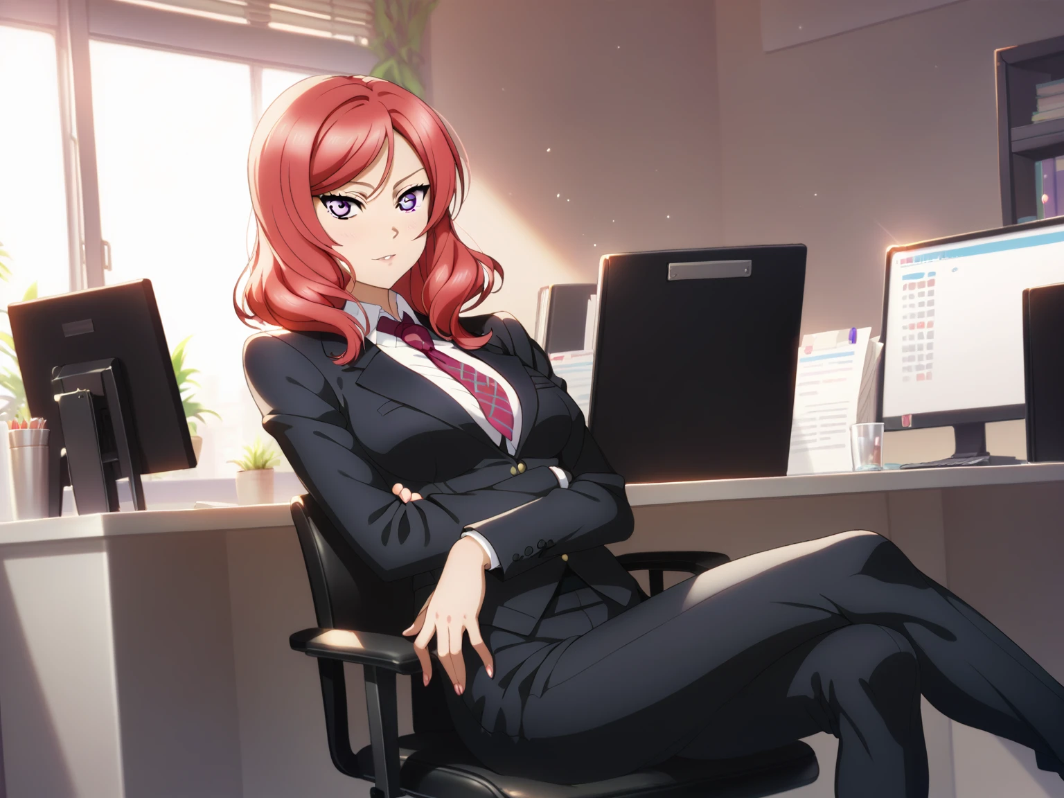 masterpiece, best quality,solo, nishikino maki,red hair, purple eyes, black formal suit, pants, sitting , crossed legs ,neck tie, Sexual seduction, sexualised ,in office , front view , busty breasts 