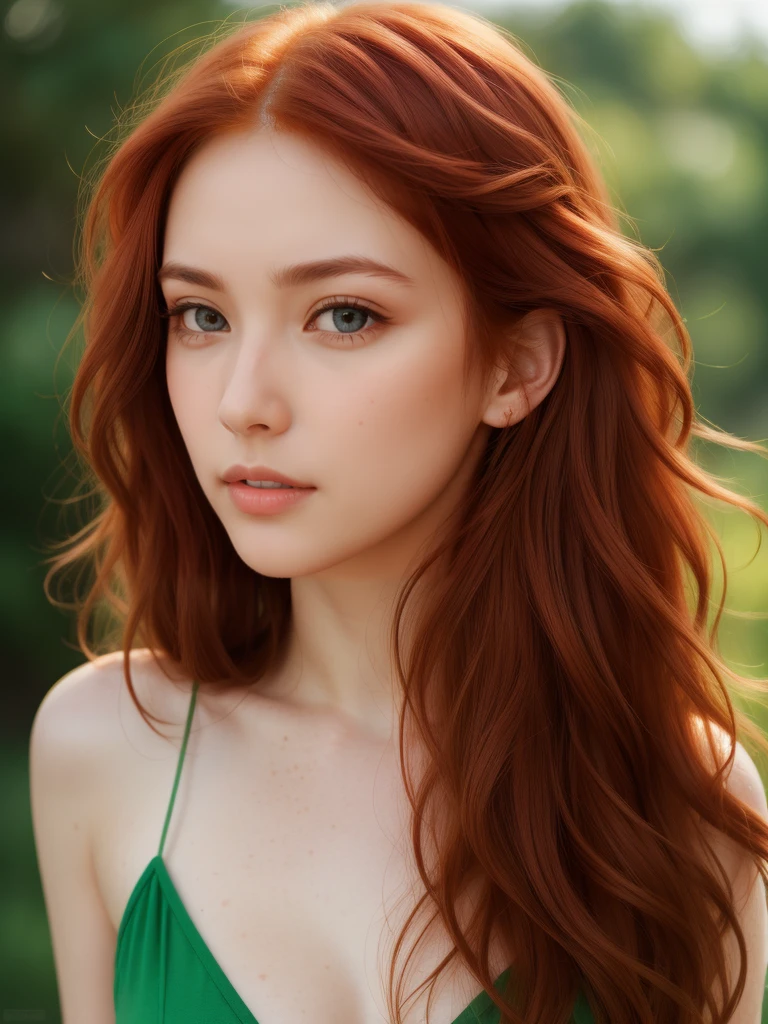 (girl:1.2),One, Red hair, Wavy hair, bright green eyes, shy, freckles, beautiful, a high resolution, masterpiece, realistic anatomy, Best quality, in detail, high detail, 