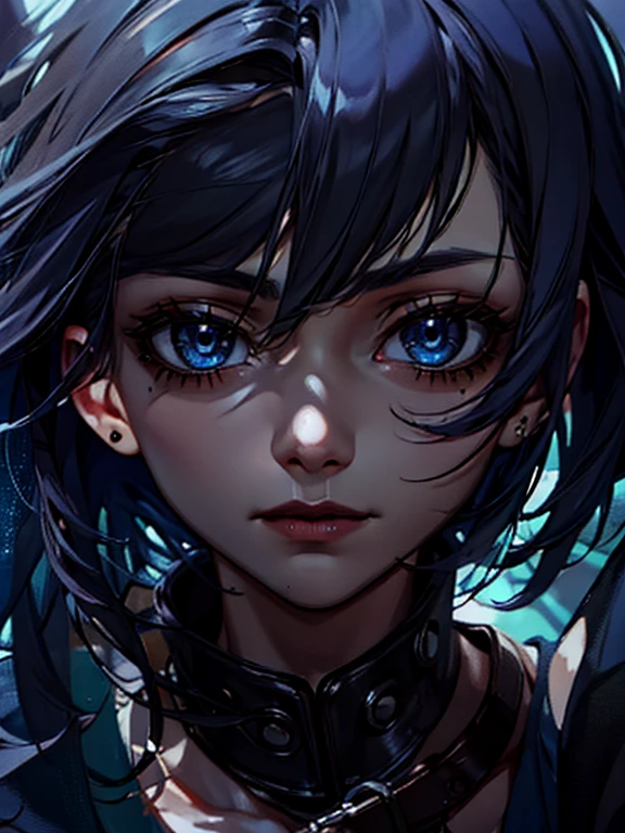 dark blue hair, mole under eye, dashed eyes, first-person view, high detail, anime