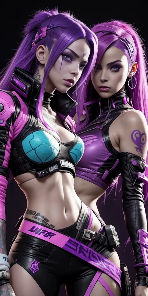 two female characters with purple hair and black and pink hair, cyber universe style, cyber punk setting, unreal engine : : deli...