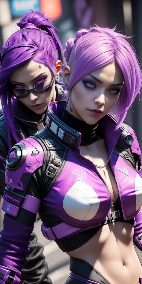 two female characters with purple hair and black and pink hair, cyber universe style, cyber punk setting, unreal engine : : deli...