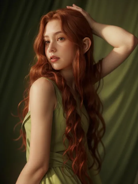 elven girl,one, red hair, wavy hair, вьющийся red hair, elven pointed ears, bright green eyes, freckles, beautiful elf, a high r...