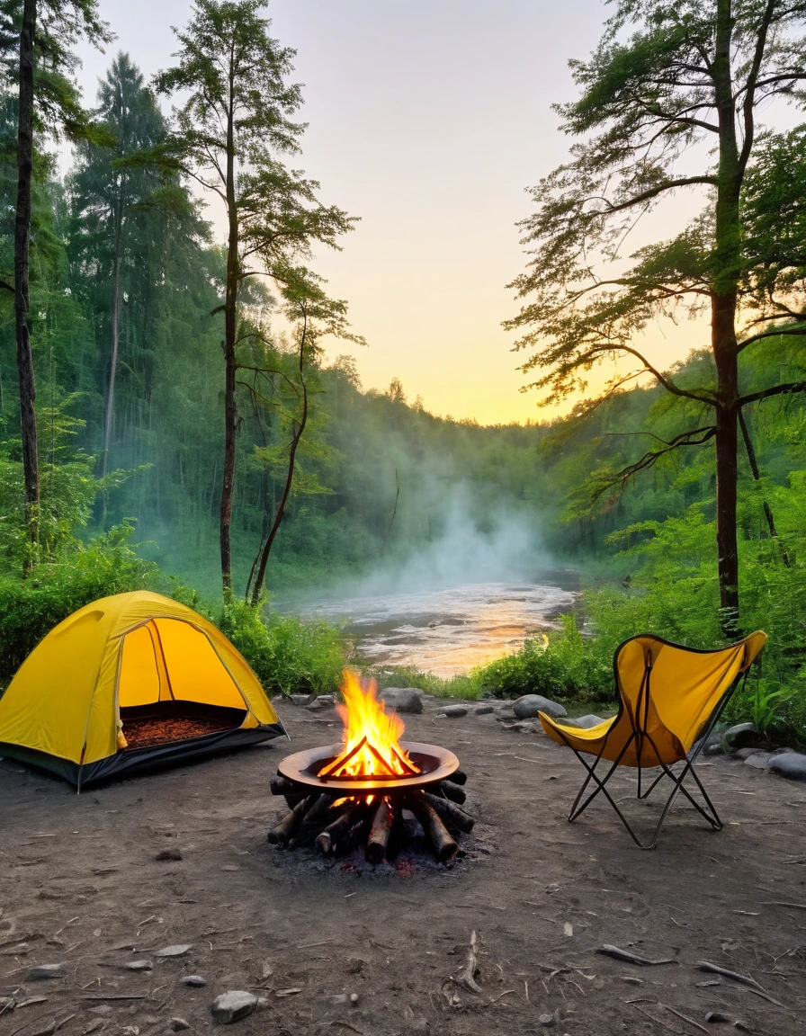 Two chairs with campfire in the middle, background forest, yellow tent nearby the rivers. with sunset vibes. 