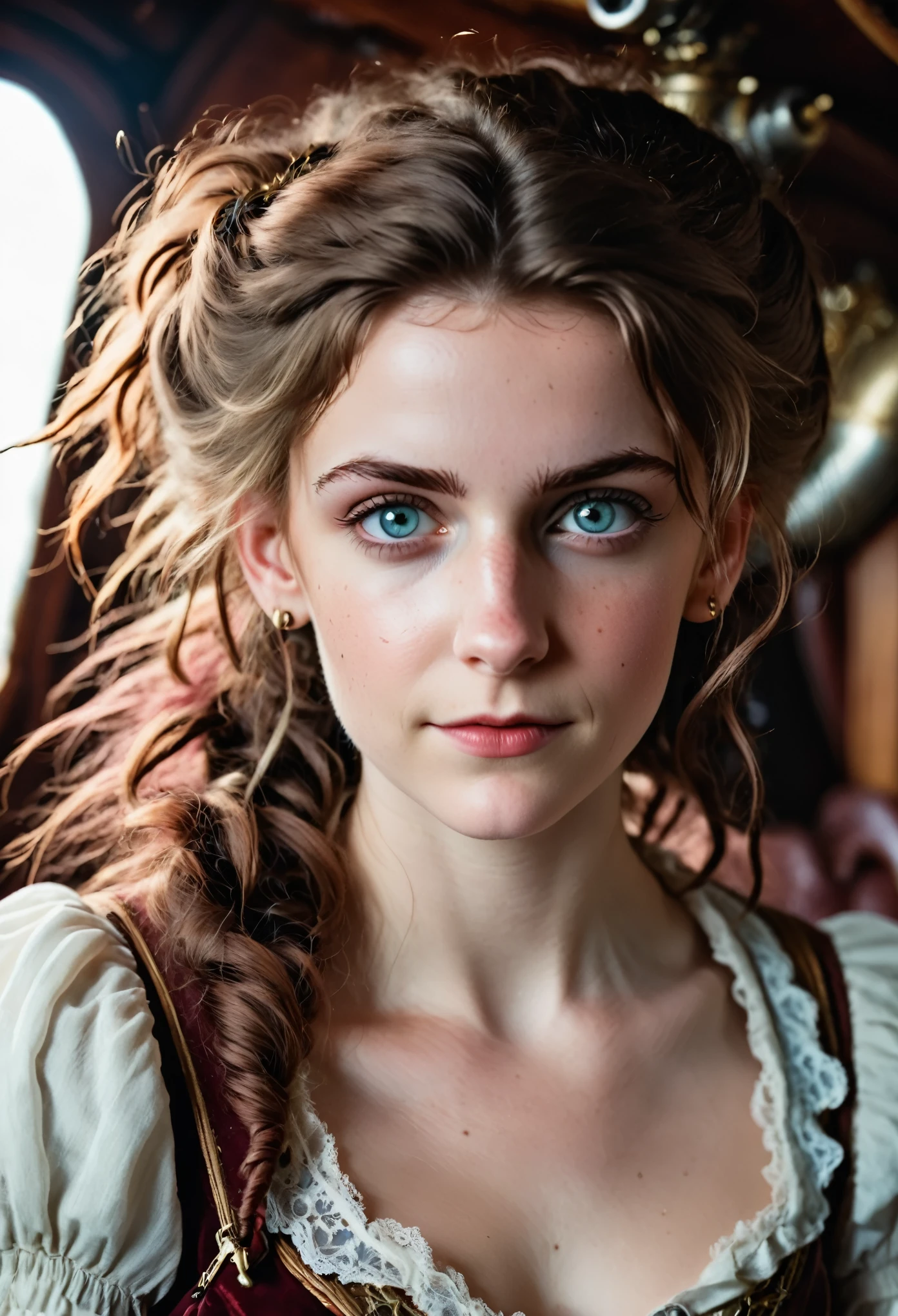 (editorial photography of Aerith Gainsborough), (highly detailed face:1.4), no close-up, (smile:0.4), (background inside dark, moody, private:1.3), steampunk pirate's airship, nikon d850, stock photography, kodak portra 400 film ,camera f1.6 lens, bokeh, analog style, rich colors, hyper realistic, lifelike texture, dramatic lighting, cinestill 800, messy hair, serious, (freckles:0.4), pale skin, cute sexy