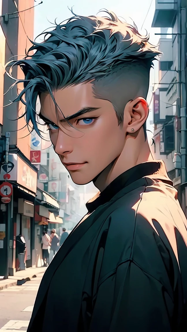 highest quality, 8K, high resolution image, anime style Jujutsu Kaisen, detailed strokes, slightly tanned skin, blurry, smile, purple light reflecting from it, (close angle), 1 man, young, male, model, cool guy, muscular, blue Eyes, light blue hair very short hair, brown hair, short hair, hairstyle: undercut, hair slicked back, swollen chest, he is wearing a T-shirt under a jacket and sweatpants, hand in trouser pocket, gold link chain, background: city, Tokyo, business district