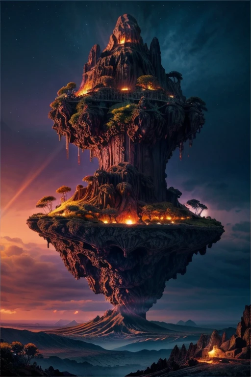 A mystical mysterious island above the sky, Volcanic ash clouds surrounding it, mysterious atmosphere, lava, mystical, fantasy, digital art, intricate details, 8k, photorealistic, hyperrealistic, cinematic lighting, dramatic lighting, high quality, intricate details, masterpiece, digital art