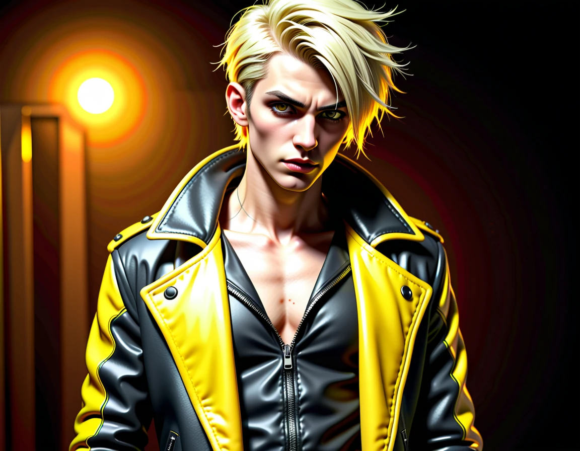 1 Caucasian white, male, young man handsome, model ((very skinny)), black and yellow leather jacket, demon, incubus, short layered hair, blonde hair, strip club atmosphere, night club lighting, darkness, BDSM club background, full body, hunter eyes, gothic punk attire, heavy punk eyeshadow, evil, darkness, dark, realism, realistic, perfect realism, full 16k, masterpiece, sexy, letters C, T, X neon lights