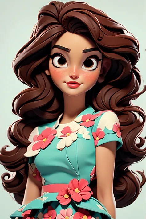 lana del rey, flower dress, white background,, red lips,, pink pinup style, aqua black eyes, brown hair