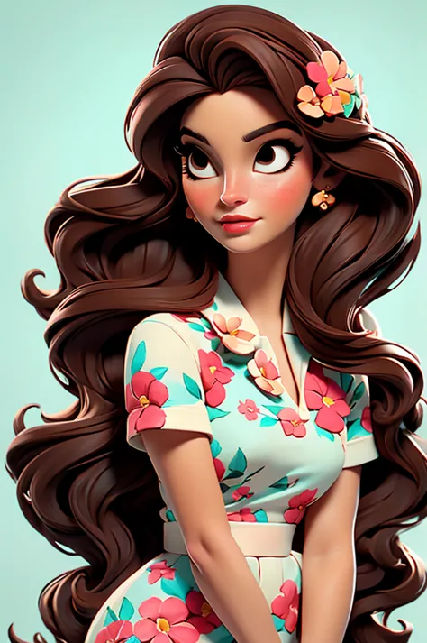 lana del rey, flower dress, white background,, red lips,, pink pinup style, aqua black eyes, brown hair