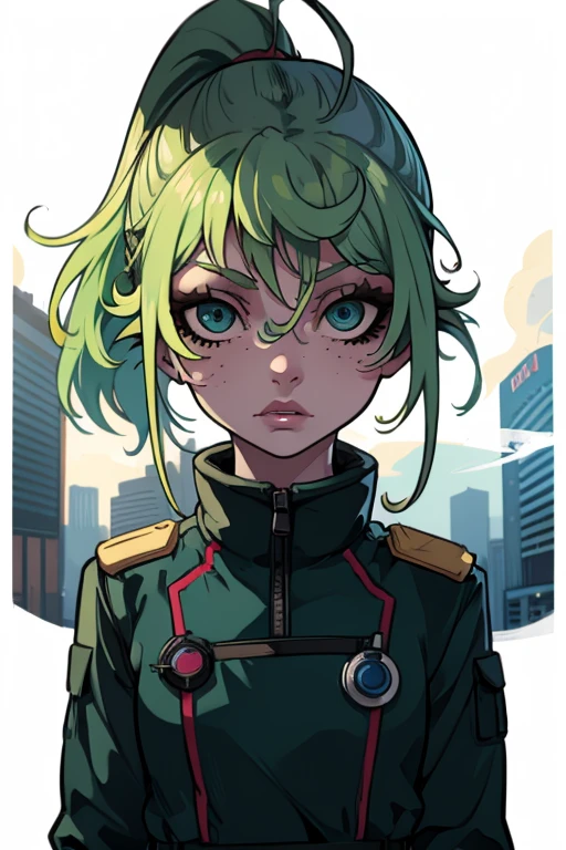 Masterpiece, best quality, college student, centered in frame, portrait, female, pale skin, stressed expression, stethoscope, busty, smoking cigarette, eye bags, nervous, peach lips, ponytail, pastel green hair, couch landscape, green eyes, paramedic uniform, green freckles, beautiful , dark blue hair, mole under eye, dashed eyes, first-person view, high detail, anime