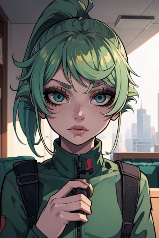 Masterpiece, best quality, college student, centered in frame, portrait, female, pale skin, stressed expression, stethoscope, busty, smoking cigarette, eye bags, nervous, peach lips, ponytail, pastel green hair, couch landscape, green eyes, paramedic uniform, green freckles, beautiful , dark blue hair, mole under eye, dashed eyes, first-person view, high detail, anime