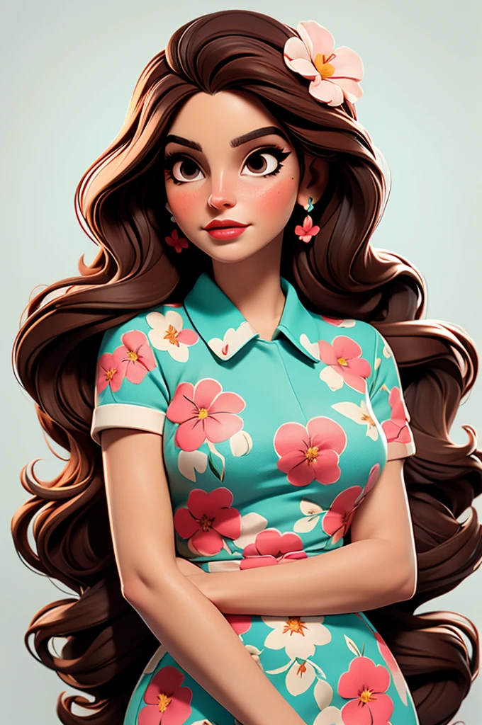 Lana Del Rey, flower dress, white background,, red lips,, pink pinup style, aqua black eyes, brown hair
