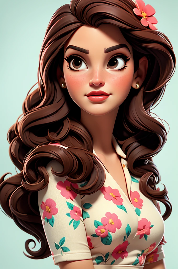 Lana Del Rey, flower dress, white background,, red lips,, pink pinup style, aqua black eyes, brown hair
