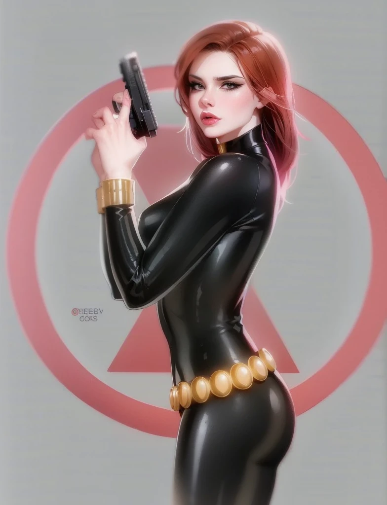  Schwarze Witwe, aus dem Marvel Comics-Universum. Sie präsentiert sich in einem eleganten, hautengen, glänzenden, schwarzen Latex-Bodysuit, ein Gürtel aus goldenen Kreisen, und goldene Handgelenkschützer. In ihrer rechten Hand, Sie hält eine Waffe. Das Ambiente verrät Kraft, Stärke, and an impressive aura radiated by Schwarze Witwe.