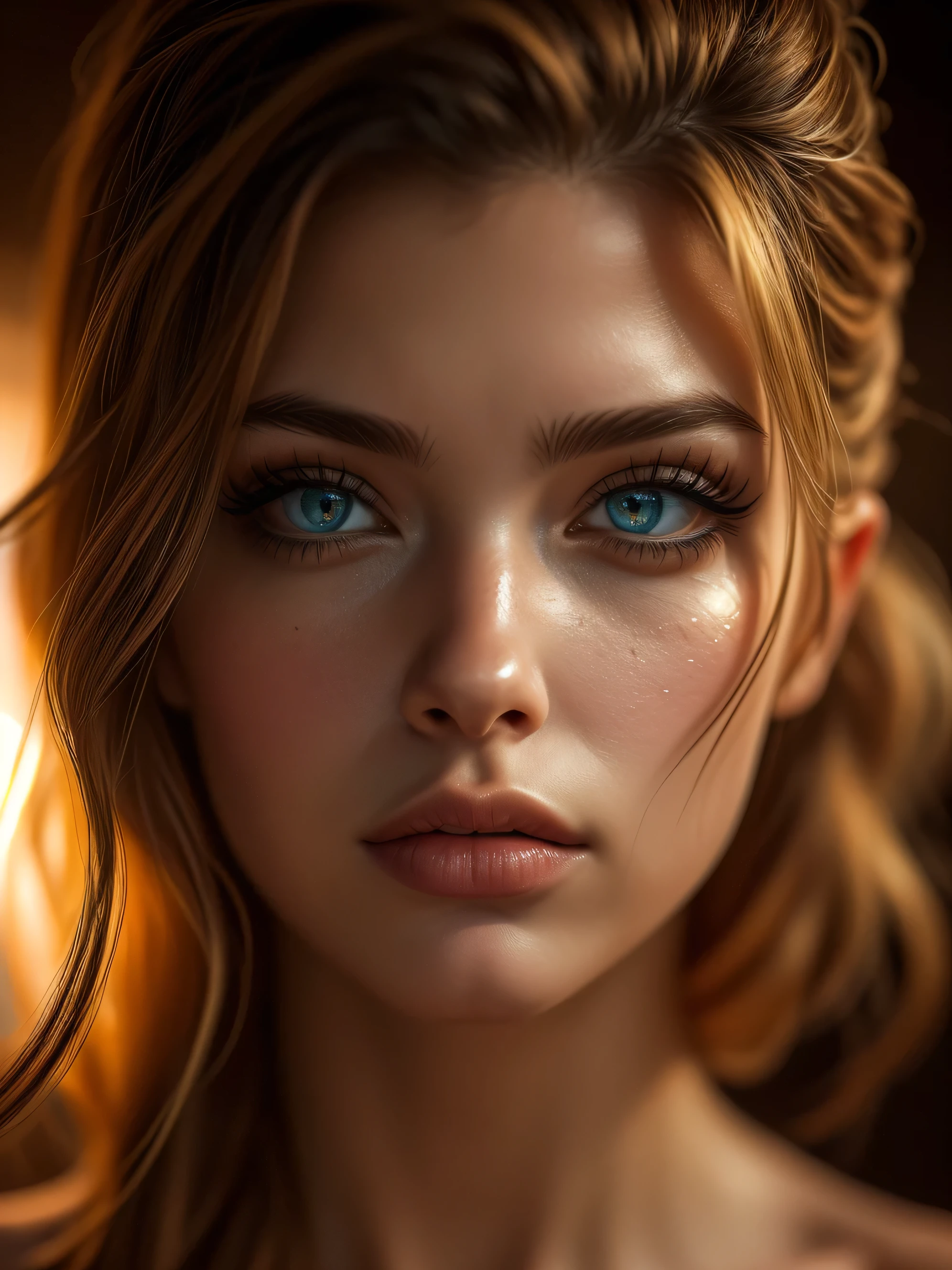 (((ultra realistic))) A close up Photo, masterpiece, top quality, (Ultra detailed face and eyes:1.3), 1 girl, astonishing beauty, ultra beautiful cat eye makeup, (special attention to skin detail: 1.2),  Ultra detailed eyes, Erotic atmosphere, beautiful golden flowy hair, strong jaw line, perfect geometry 