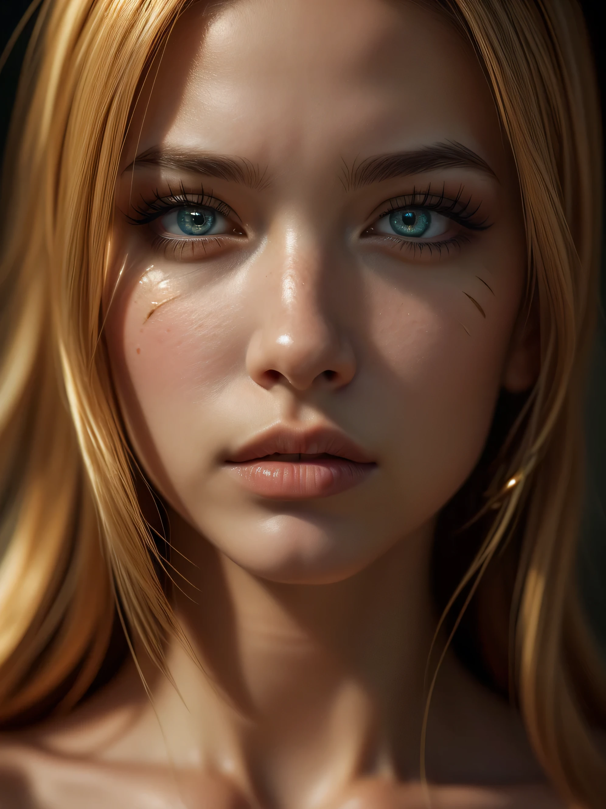 (((ultra realistic))) A close up Photo, masterpiece, top quality, (Ultra detailed face and eyes:1.3), 1 girl, astonishing beauty, ultra beautiful cat eye makeup, (special attention to skin detail: 1.2),  Ultra detailed eyes, Erotic atmosphere, beautiful golden flowy hair, strong jaw line, perfect geometry 