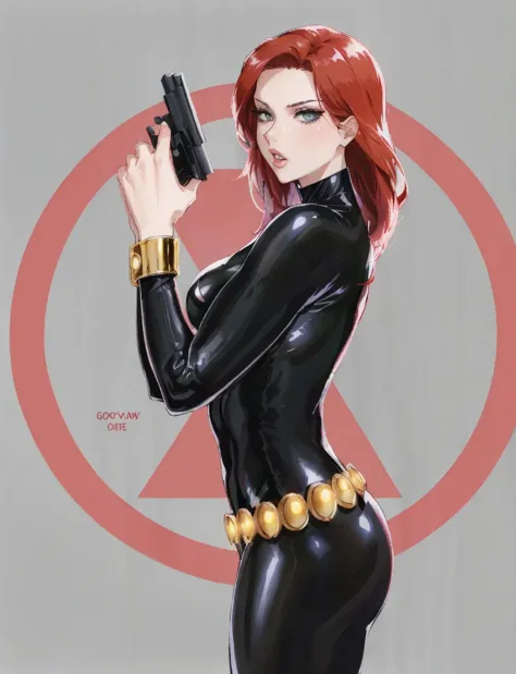  Black Widow, from the Marvel Comics universe. She is showcased in a sleek skin-tight shiny black latex bodysuit, a belt made of...