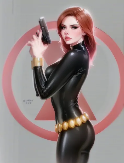  Black Widow, from the Marvel Comics universe. She is showcased in a sleek skin-tight shiny black latex bodysuit, a belt made of...