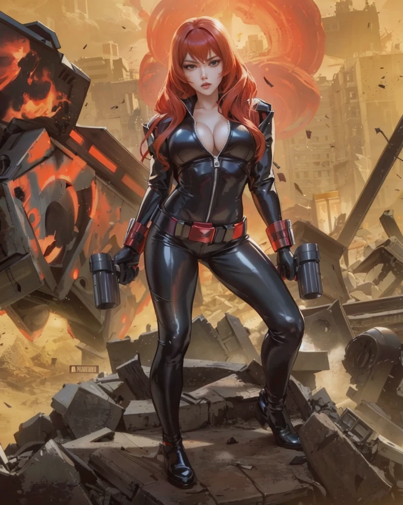 una chica de anime con cabello rojo, identificada como Black Widow de los cómics de Marvel. Está vestida con un elegante traje de látex negro brillante, ceñido a la piel, con un escote con cremallera de corte profundo que revela un gran pecho., la cremallera plateada que recorre el frente combinada con un cinturón dorado y una muñequera dorada, y ella lleva dos armas. Posando sobre un montón de escombros, Parece preparada para la batalla en medio de una ciudad en ruinas devastada por la guerra.. El fondo incluye detonaciones y una escena de guerra., mejorar el ambiente de tensión y destrucción.