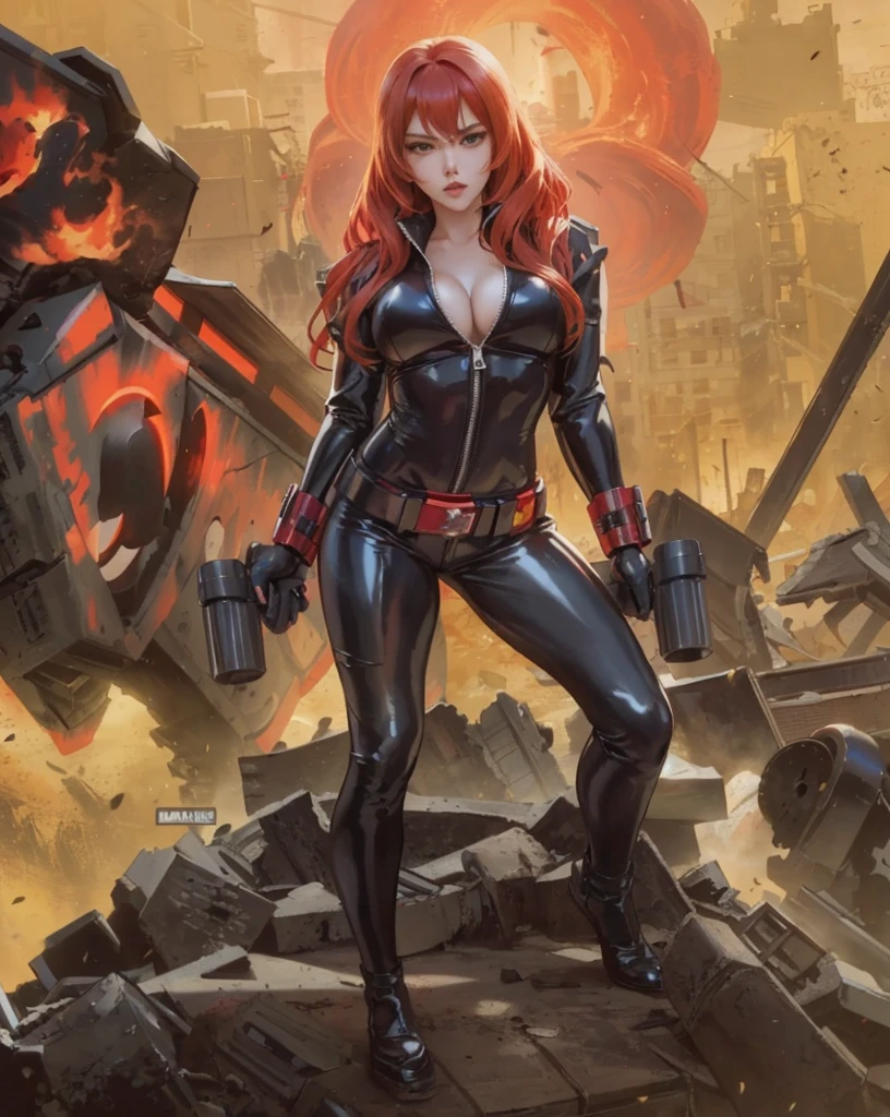 ein Anime-Mädchen mit roten Haaren, identifiziert als Black Widow aus Marvel Comics. Sie ist in einem schlanken, hautengen, glänzenden schwarzen Latex-Body mit einem tief ausgeschnittenen Reißverschluss-Ausschnitt gekleidet, der eine große Brust freigibt, der silberne Reißverschluss, der an der Vorderseite entlangläuft, gepaart mit einem goldenen Gürtel und einer goldenen Handschutz, und sie trägt zwei Waffen. Posing auf einem Trümmerhaufen, sie scheint bereit für den Kampf inmitten einer vom Krieg zerrütteten Stadt in Ruinen. Der Hintergrund enthält Detonationen und eine Kriegsszene, verbessert die Atmosphäre von Spannung und Zerstörung.