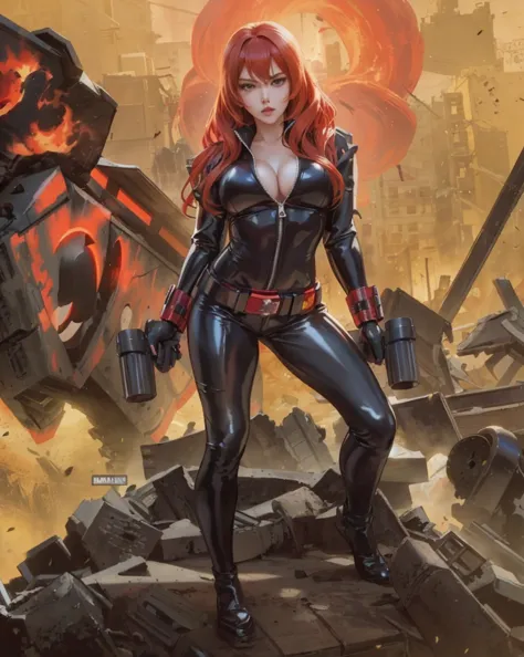 an anime girl with red hair, identified as Black Widow from Marvel comics. She's dressed in a sleek skin-tight shiny black latex...