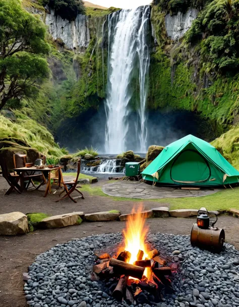 **a photo of an outdoor camping setup in new zealand, featuring a vintage tent and chairs around a campfire with waterfalls behi...