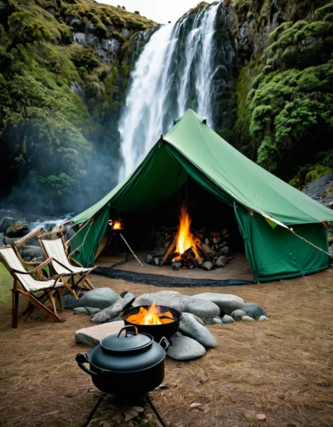 **a photo of an outdoor camping setup in new zealand, featuring a vintage tent and chairs around a campfire with waterfalls behi...