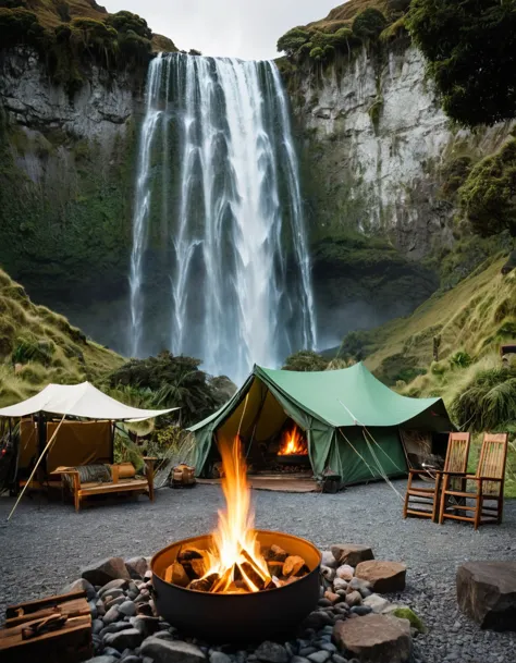 **a photo of an outdoor camping setup in new zealand, featuring a vintage tent and chairs around a campfire with waterfalls behi...