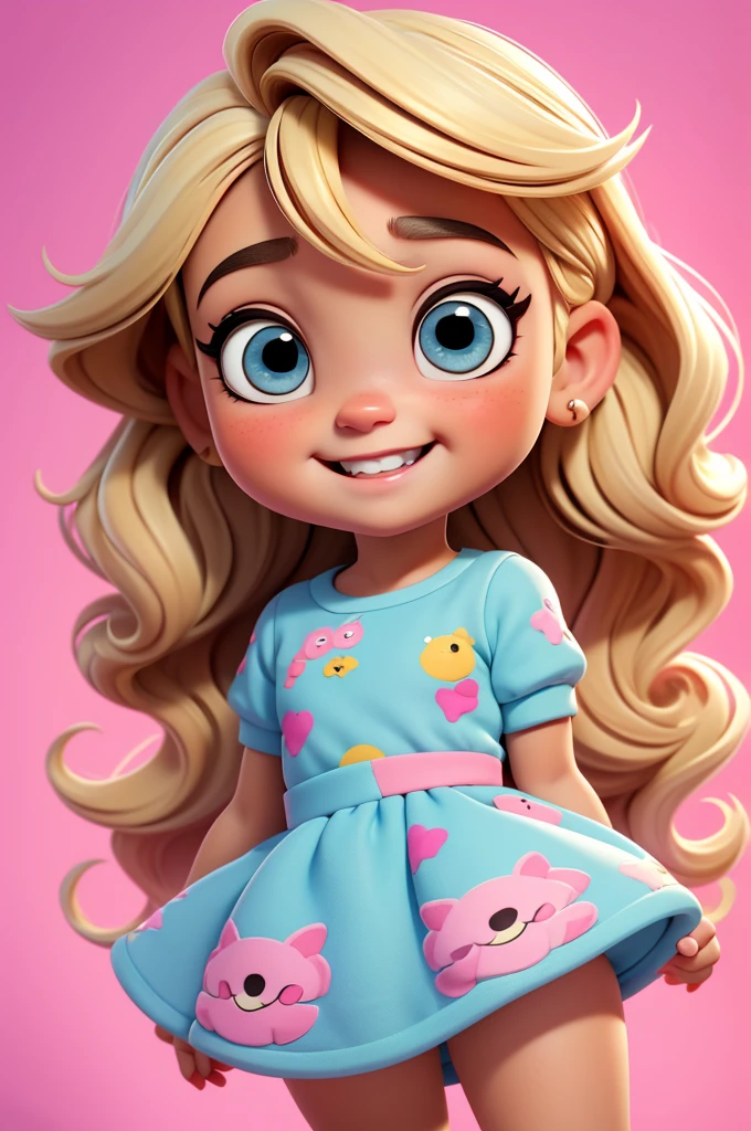 Baby girl cute chibi style, Estilo de Moda 2023, Tema estilosa, Linda, expressiva, Feliz, Sorriso lindo, bonito cabelos lisos, modelo profissional, Poses fofas, blonde, blue eyes, vivid color, blonde hair, pink dress, pink dress, white background
