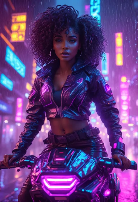 beautiful black woman with curly hair and african designed neon lit futuristic clothes, riding a hover bike in the streets of a ...