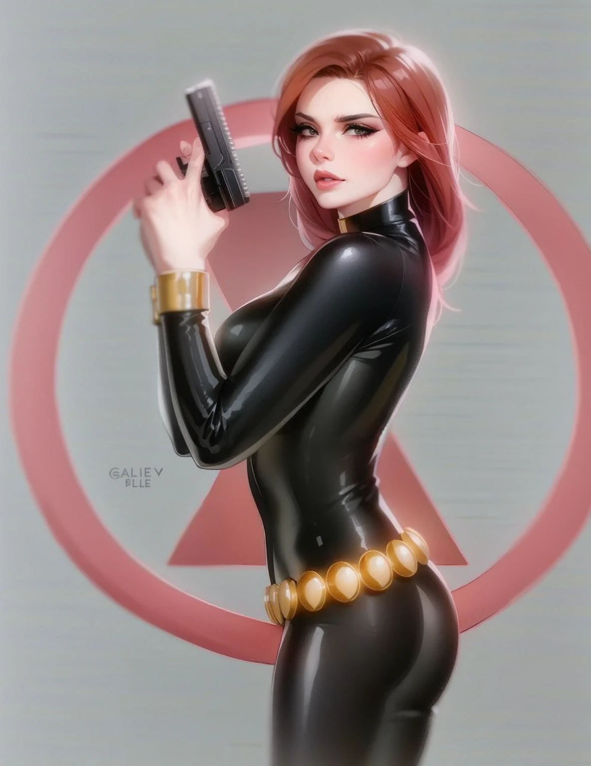  Veuve noire, de l&#39;univers Marvel Comics. Elle est présentée dans un body élégant et moulant en latex noir brillant., une ceinture faite de cercles dorés, et des protège-poignets dorés. dans sa main droite, elle tient une arme à feu. L&#39;ambiance révèle la puissance, force, and an impressive aura radiated by Veuve noire.